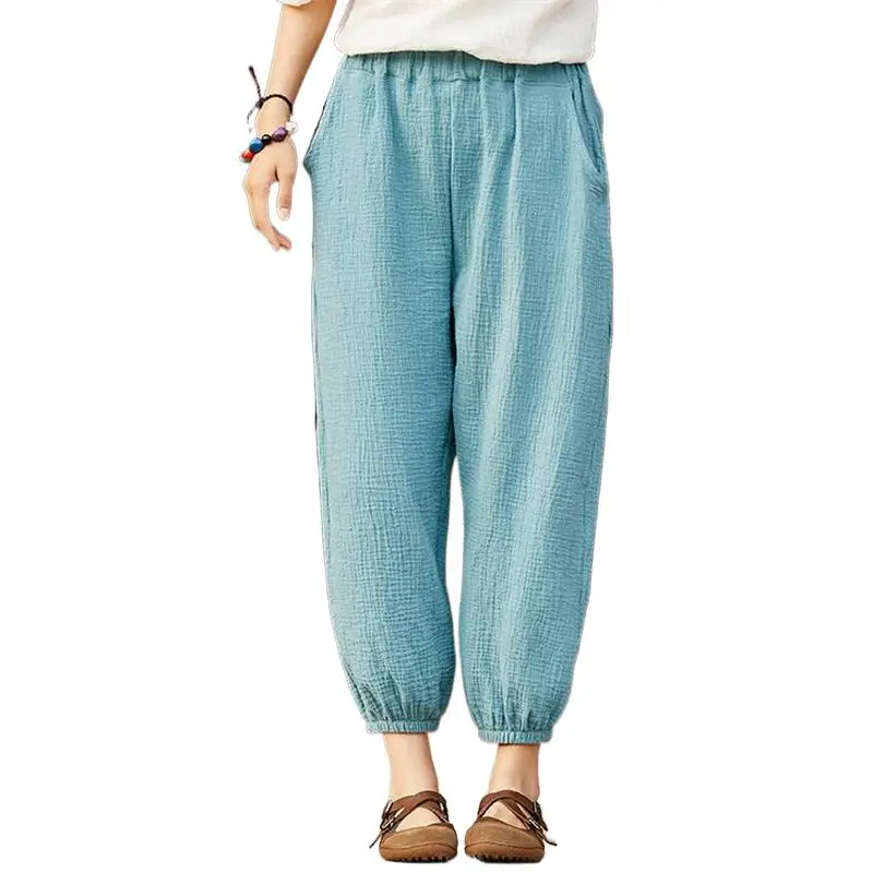 

Sales HOT Summer Fashion Elastic Waist Women' Harem Pants Linen Cotton Casual Loose Ankle-length Pant Women Korean Streetwear