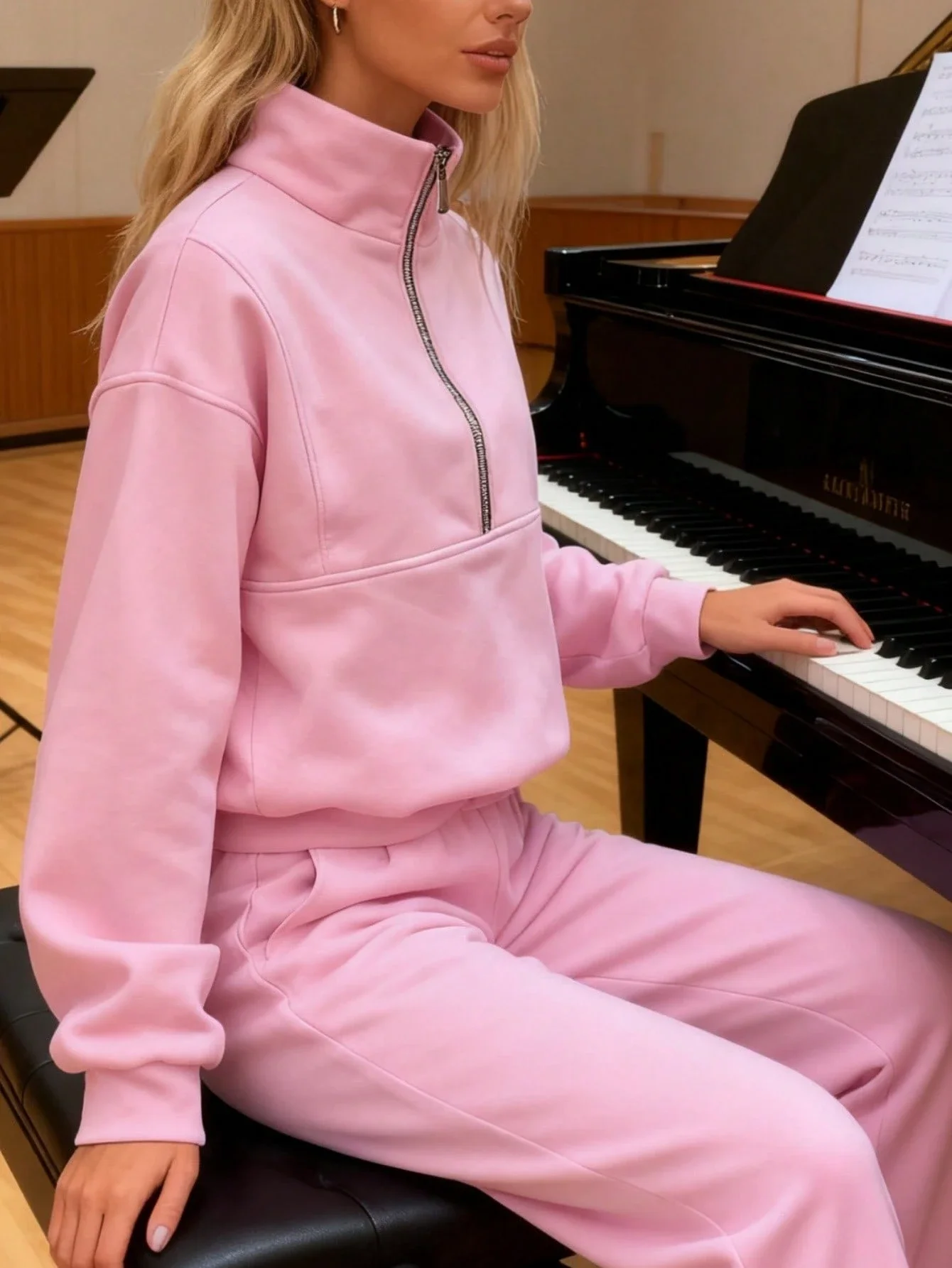 

Женский спортивный комплект из двух предметов с воротником-стойкой на молнии до середины груди