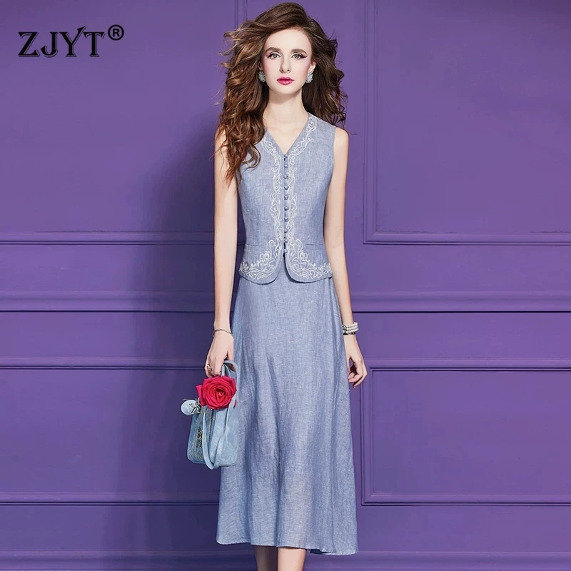

ZJYT Summer Designer 100% Linen Dress Sets 2 Piece Clothes Women Old Money Style Embroidery Vest Top and Skirt Suit Outfit Blue