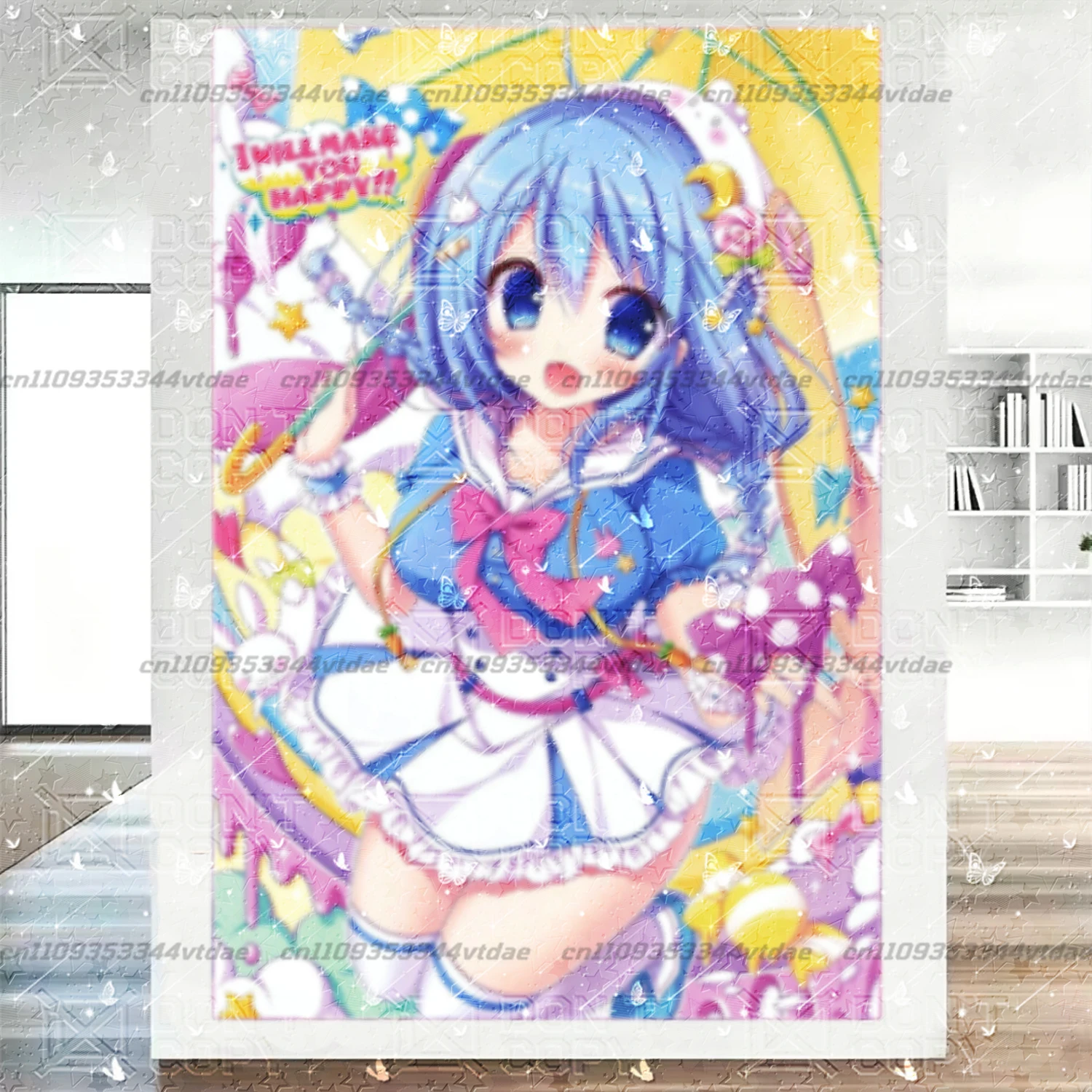 Anime Magic Girl Tapestry Vertical Wall Hanging Blue Hair Sweet Colorful Candy Style Background Cloth Bedroom Dorm Home Decor