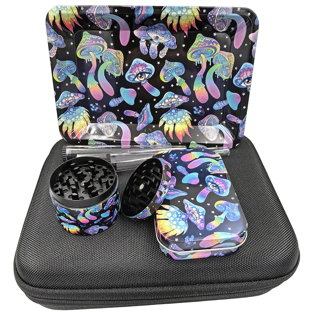 5 Packs 50MM Grinder Kit Set With 115mm Plastic Storage Tube Box Container Herb Grinder Crusher Metal Rolling Tray Set