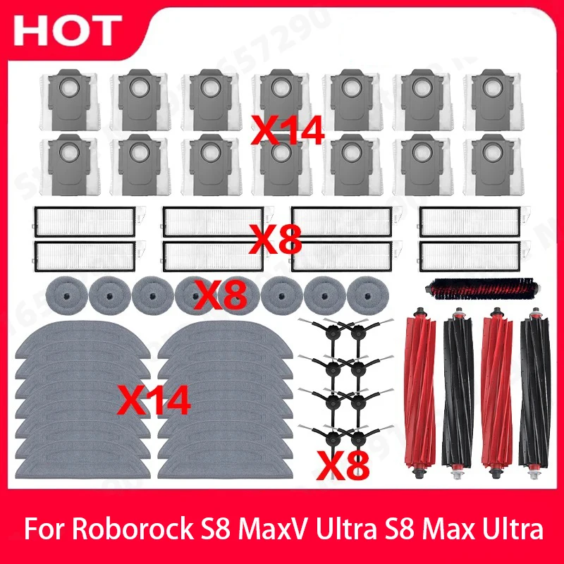 Compatible For Roborock S8 MaxV Ultra, S8 Max Ultra Replacement Parts Main Side Brush Hepa Filter Mop Cloth Dust Bag Accessories