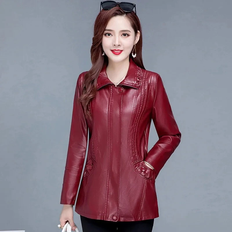 XL-7XL Womens Leather Jacket Spring Mid-length Motorcycle Coat Middle Aged Mother Winter Overcoat Pu Leather Jackets