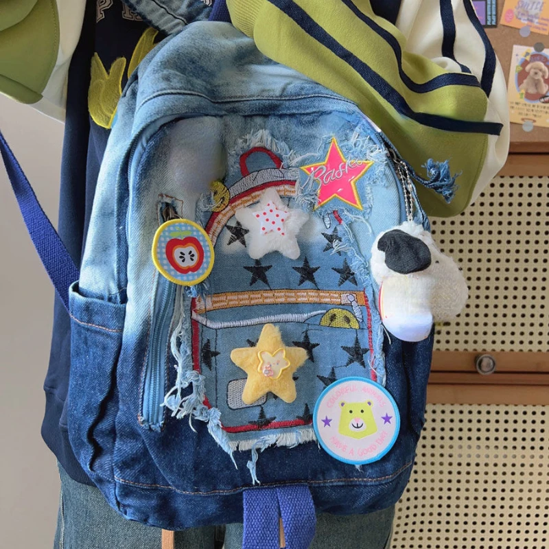 High-capacity Women Denim Gradient Backpack Personality Harajuku Star Schoolbags Y2k Aesthetic Fashion Casual Students Backpacks