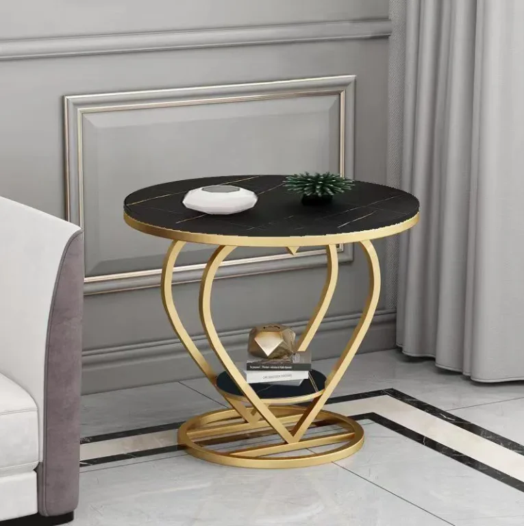 %& Modern Marbling Round Tea Table Sofa Side Simple Wrought Steel Coffe Table Set