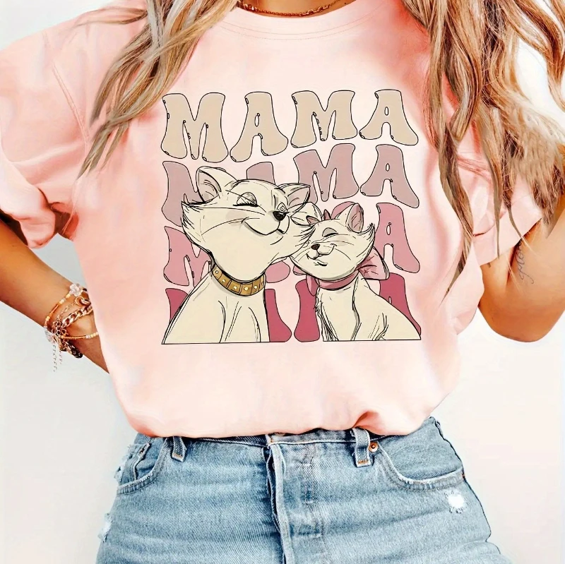 

Женская футболка Disney в стиле ретро с узором «Мама и котенок», из чистого хлопка, мягкая, повседневная, удобная, модная, свободная, повседневная, с коротким рукавом
