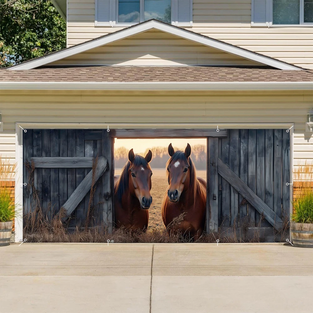 Horse Farm Stables Horse Wooden Door Barn Garage Door Banner Patio Decor Garage Wall Large Mural Cover Background Hanging