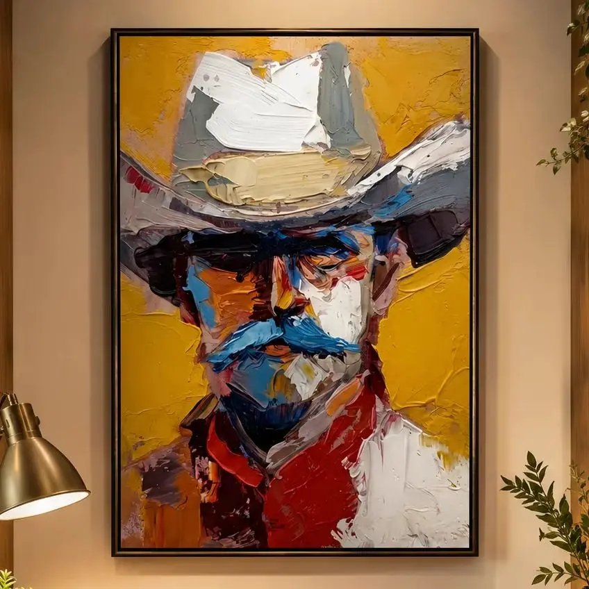 Blue Mustache – Vintage Americana Heavy Impasto Cowboy Portrait Painting | Canvas Wall Print for Bedroom, Living Room, Office