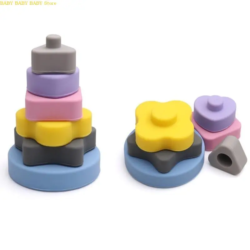 Q81A Tháp Stacking đầy màu sắc Khối đồ chơi Khối học Tumble Jumble Color nhận thức Squeezable Ring Tương tác Quà tặng cảm giác