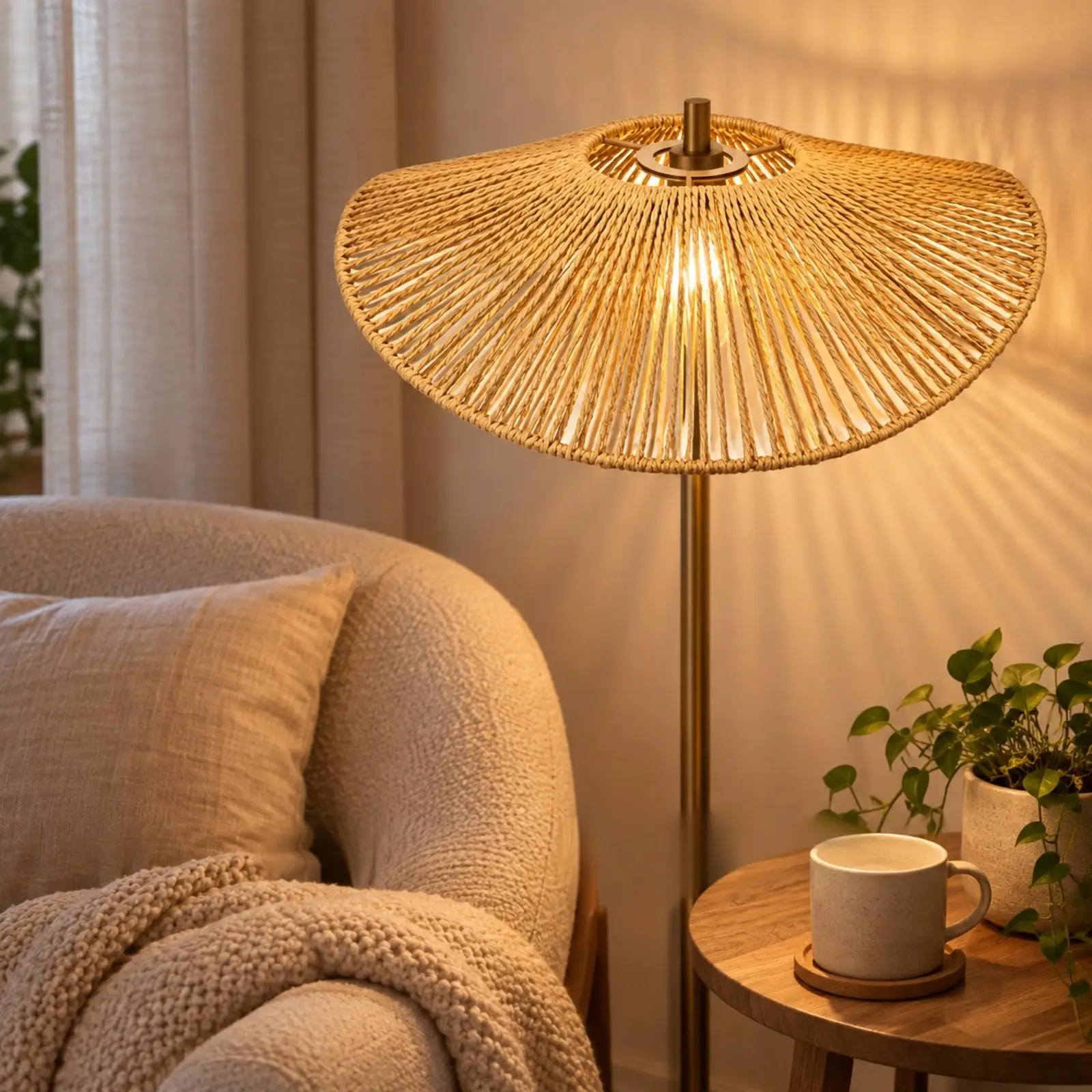 Handwoven Paper Rope Lampshade Fan Shape Pendant Light Cover for E27 Bulb Bohemian Decor Bedroom Living Room Warm Caramel Finish