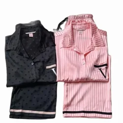 Autumn Women's Silk Long-sleeved Pajamas 2-piece Suit Pink Striped Cardigan Casual Wear Trousers Shirt Satin Luxury VS Home Wear