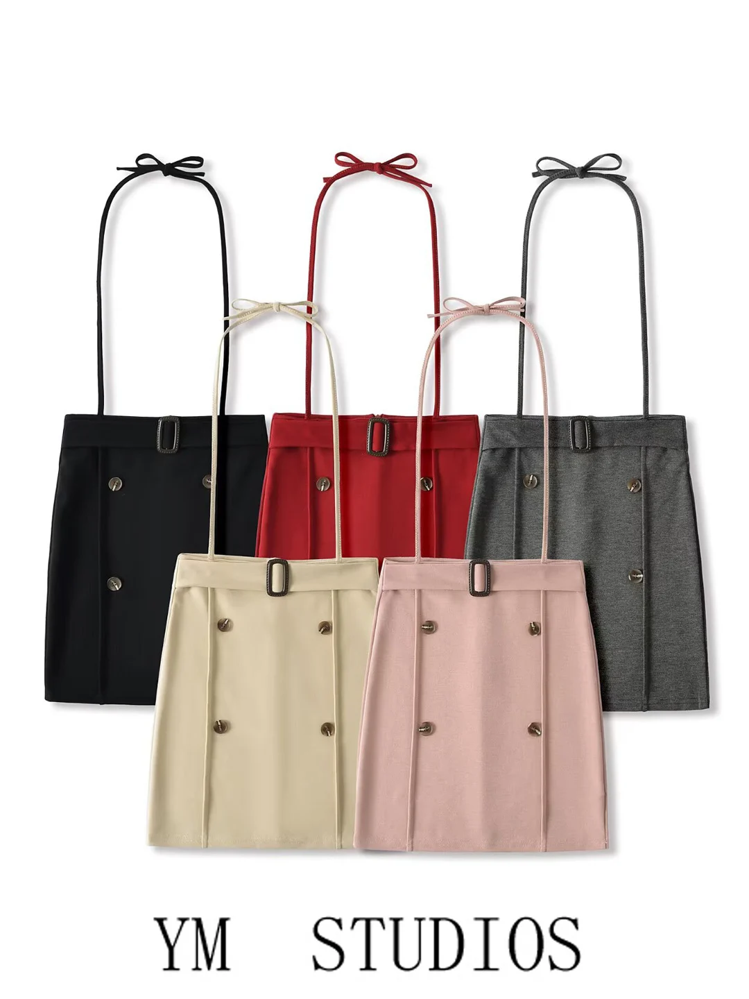 High Waist Belted Neck Hanging Bodycon  Skirt Button Two-Way Wear College Style Women's Fashion Polyester Fiber Skirt