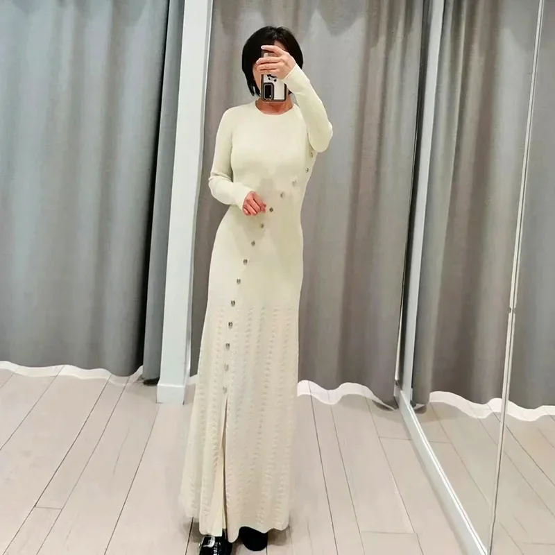 

Women Split Knitted Maxi Dress Solid Color Diagonal Buckle Round Neck Long Sleeve Slim Spring 2024 Robe