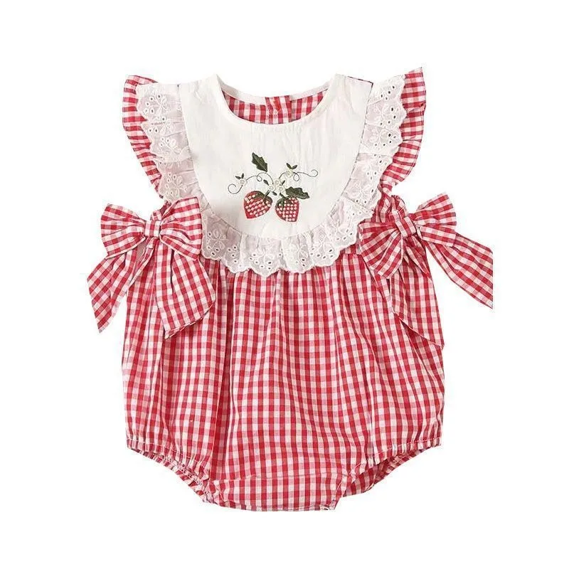

Боди для новорожденных девочек, летний тонкий комбинезон без рукавов с клубничным принтом, дышащий милый цельный комбинезон