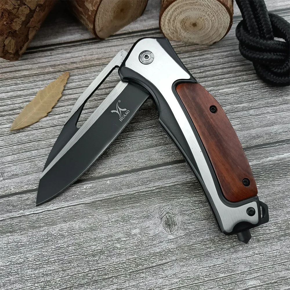 HUAAO DA130 Bearing Flipper Folding Pocket Knife 5Cr13Mov Blade Colored Wood Handle Camping Hunting EDC Tactical Knife Tool