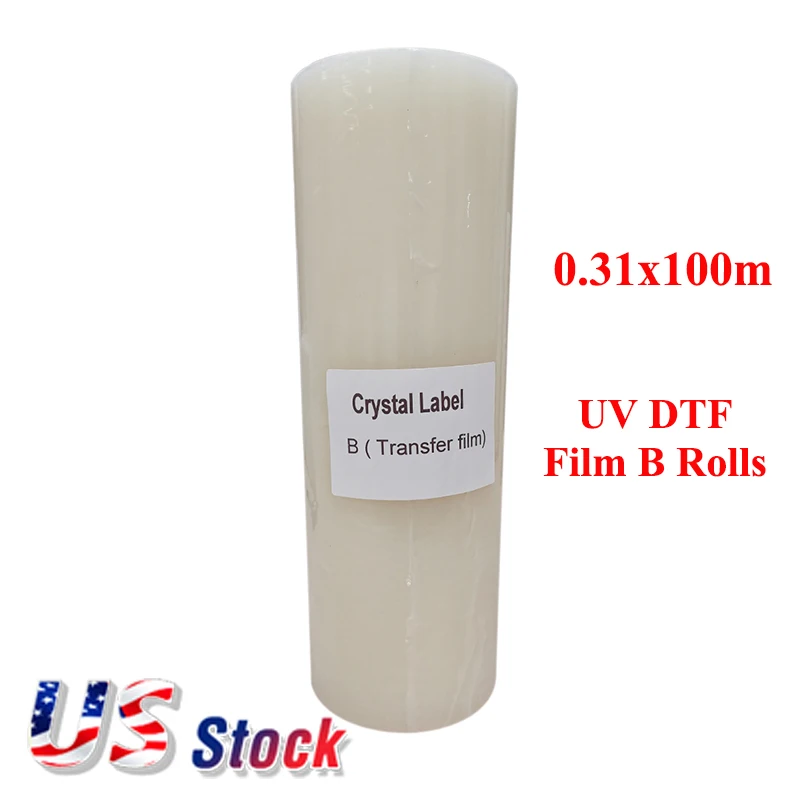 0.31x100m UV DTF Transfer Film B Roll Crystal Label PET Film B Rolls for Irregular Shape Surface UV DTF Printer Bulk US Stock