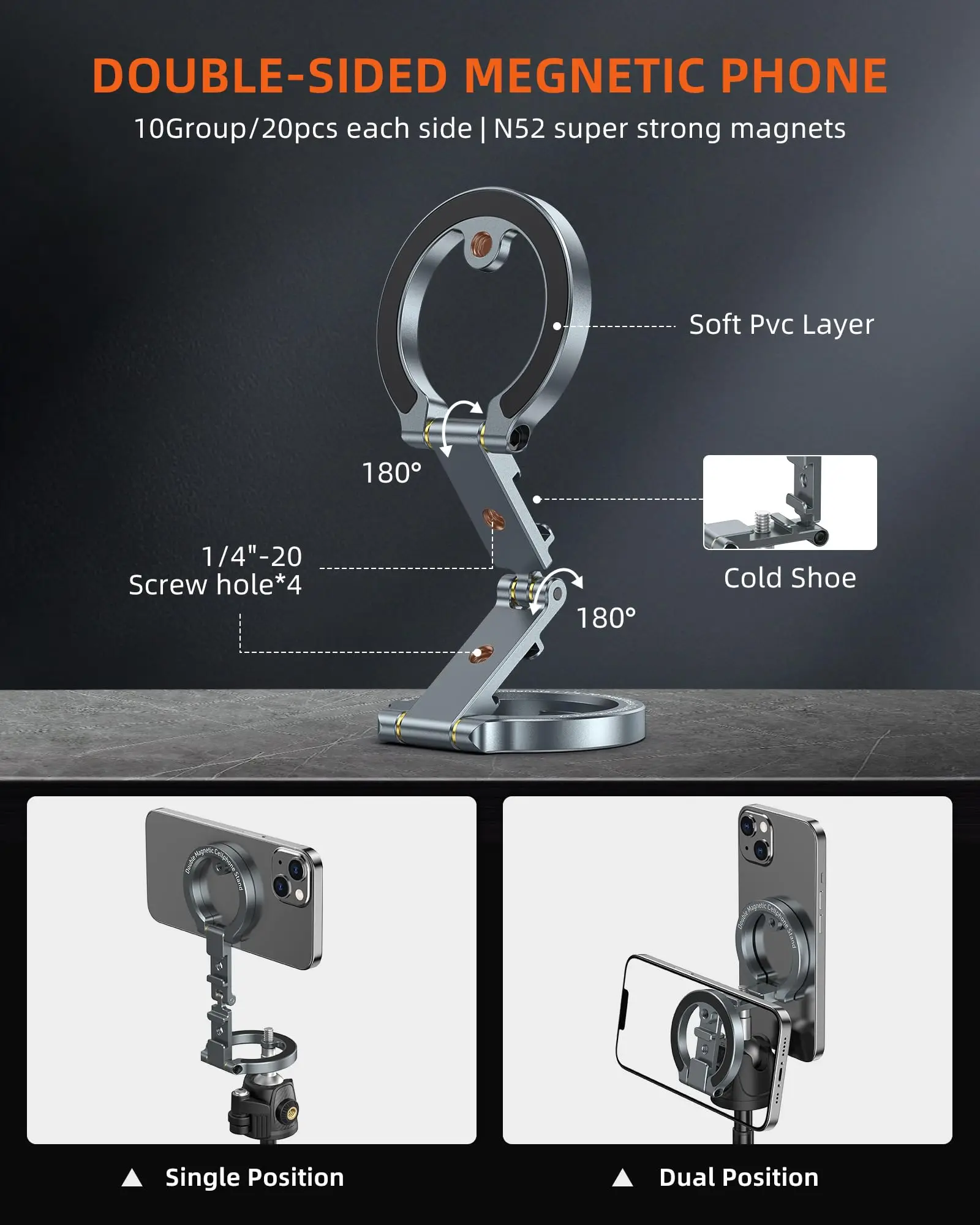 CAMOLO MG-02 Plus Dual Magnetic Phone Stand Foldable Magsafe Phone Holder w 1/4"-20 Phone Tripod Mount for Iphone 17 16 Android