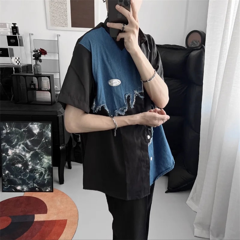 Denim blue splicing short-sleeved shirt men fake two loose shirt design trend top