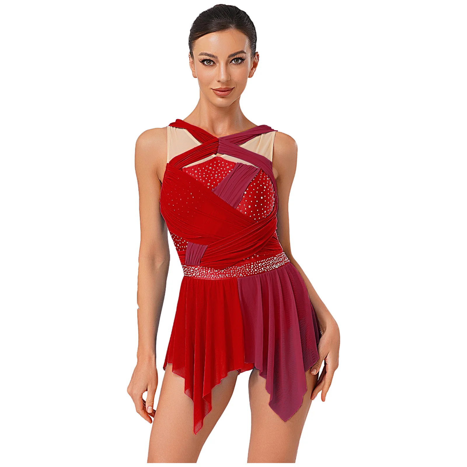

Womens Irregular Hem Sleeveless Leotard Dress Dancewear Color Block Rhinestone Mesh Ruched Twisted Knot Lyrical Dance Dress