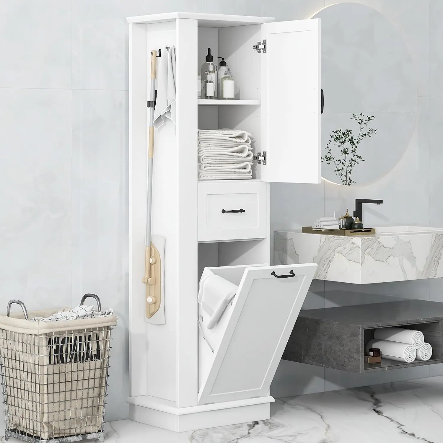 Tall Tilt-Out Laundry Cabinet with Hidden Hamper, Hooks, Shelf & Drawers for Bathroom, Living Room, Kitchen, White, Customized