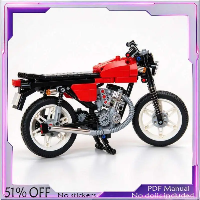 459PCS Handmade Red Retro Commuter Motorcycle Bike Model Building Blocks MOC Custom Technical DIY Assembly Display Toy Gift