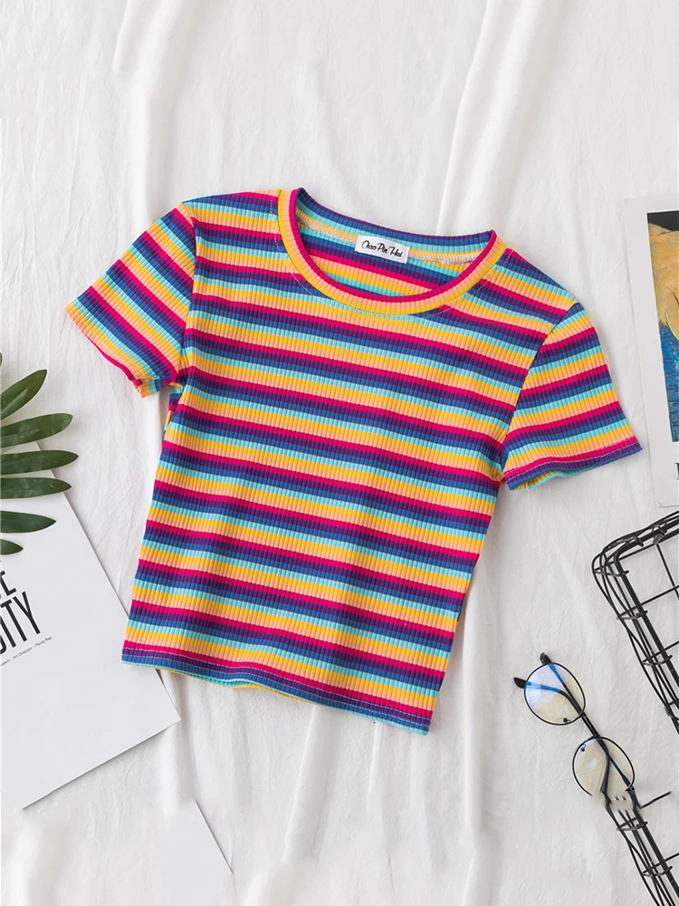 New T Shirt Women Rainbow Striped Tops Slim Fit t shirt Harajuku Tshirt Summer Short Sleeve Korean T-shirt feminina Clothes Tops