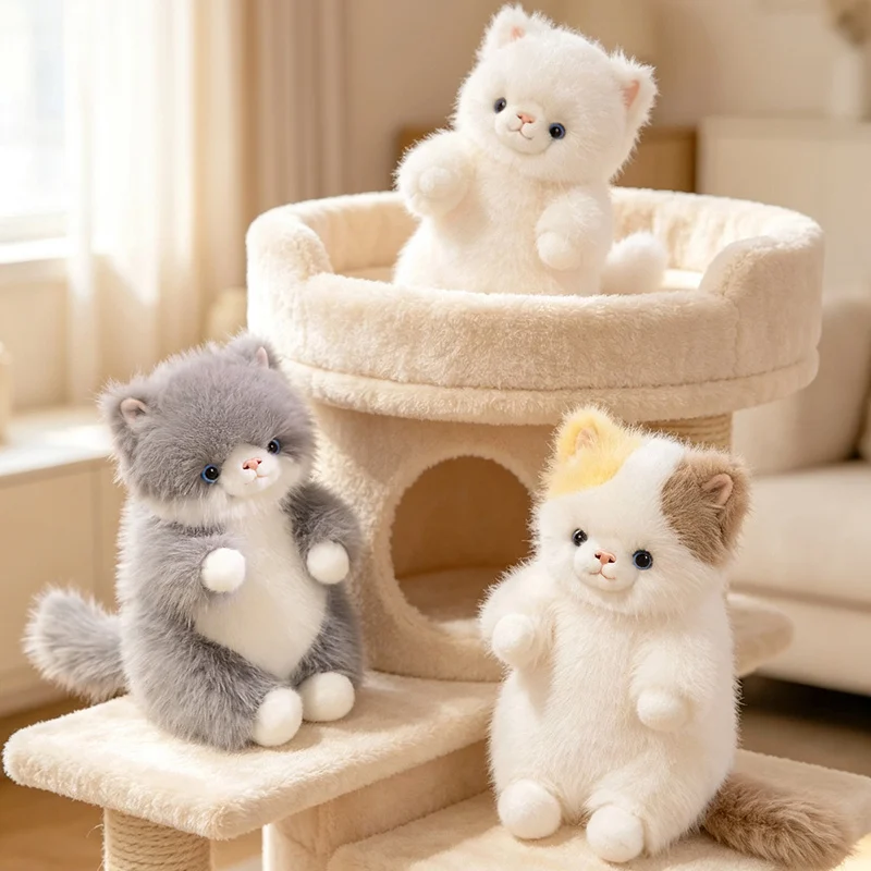 Plush Doll Kitten Calico Khaki Cow Gray Cat Styles Rounded Seated Body Fluffy Texture Home Shelf Display Collection Keepsake