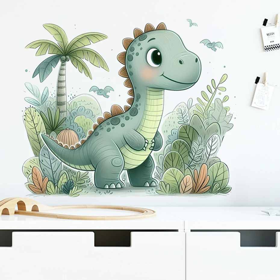 Watercolor Cartoon Dinosaur Leaf Animal Wall Stickers Wall Art Decal Decoration Baby Nursery kids Room Decorative Stickers