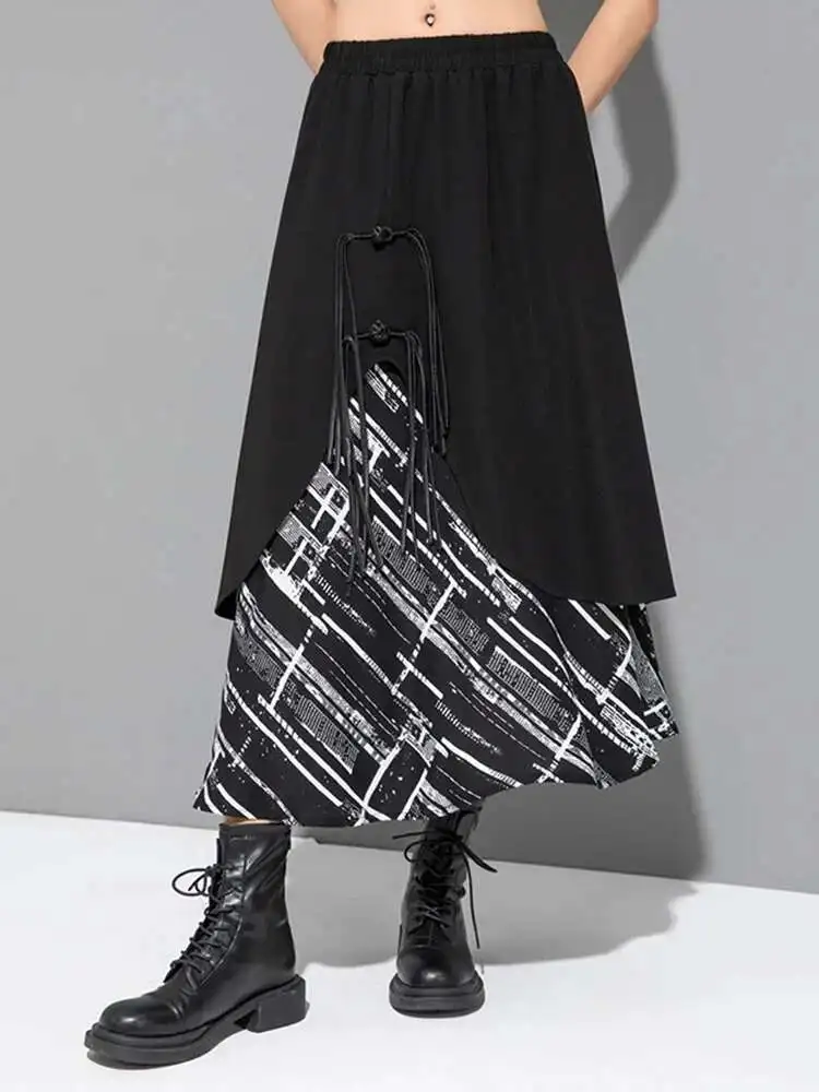 

High Elastic Waist Black Print Fake Two Long Casual Half-body Skirt Women Fashion New Tide Spring Autumn