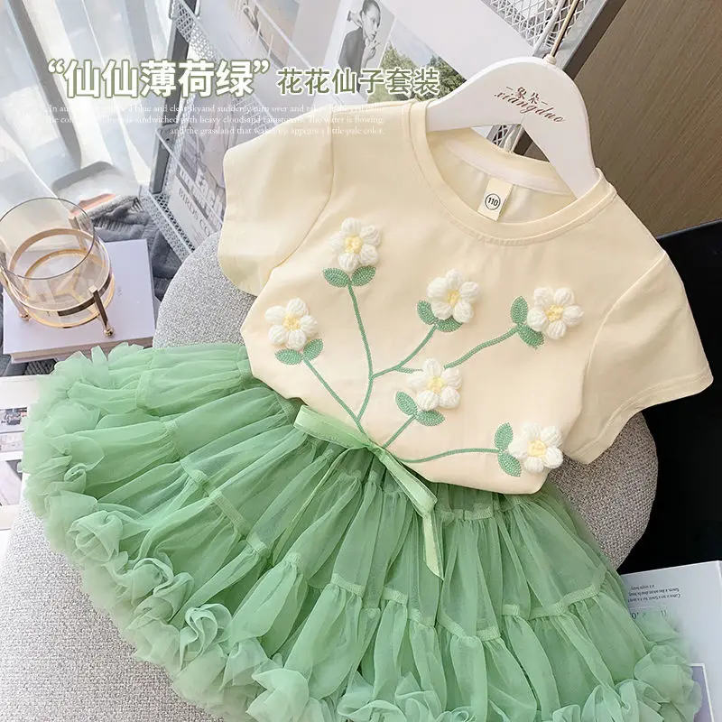 Baby Girls' Summer Sweet Puffy Skirt Set 2023 New Children's Baby Short-sleeved Gauze Skirt Two-piece Set 2-12y