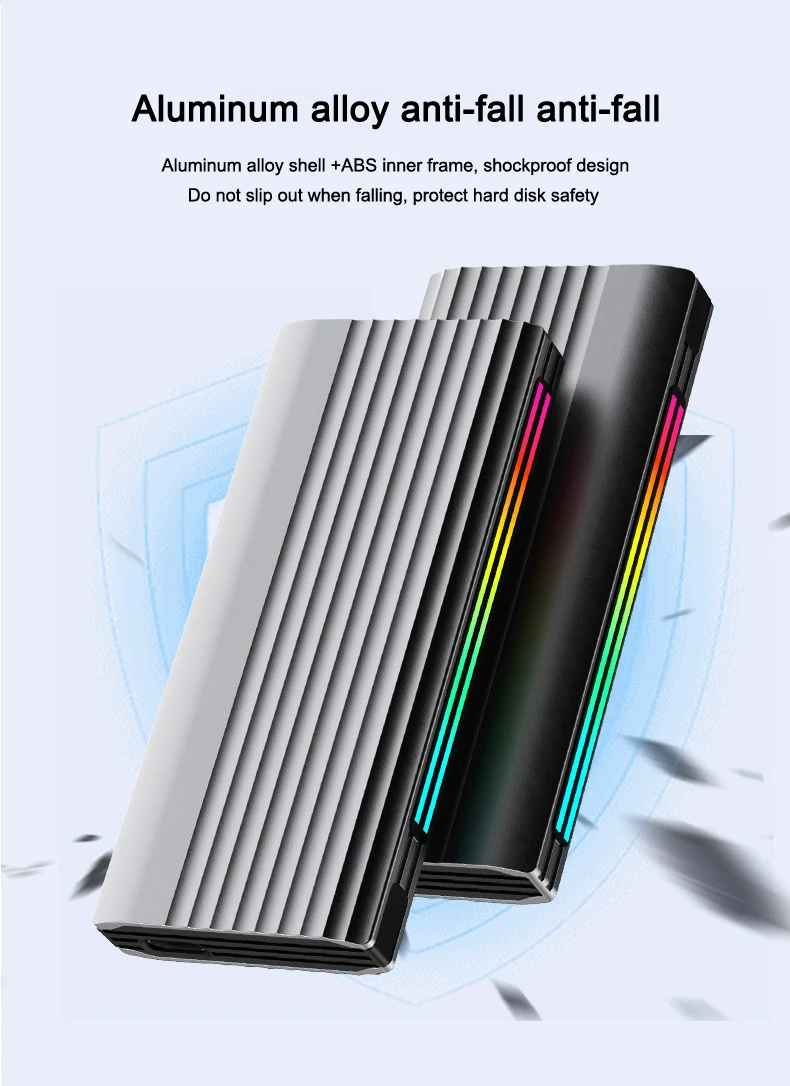 صندوق تخزين M.2 SSD RGB الضوء المحيط NVMe/NGFF بروتوكول مزدوج محرك الأقراص الصلبة الخارجية 20G صندوق القرص الصلب القابل للإزالة للكمبيوتر بدون أدوات