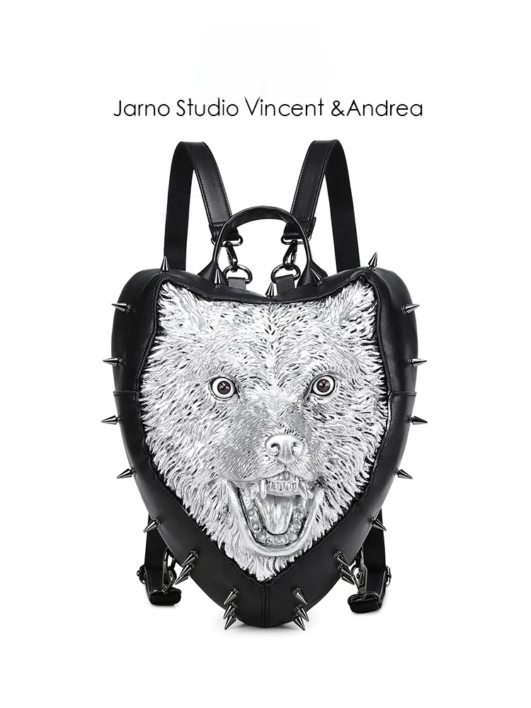 

2025 Dark Wolf Head Unisex Punk Rivet Handbag Diagonal Crossbody Backpack Modern Neutral Style Zipper Closure Daily Use Backpack
