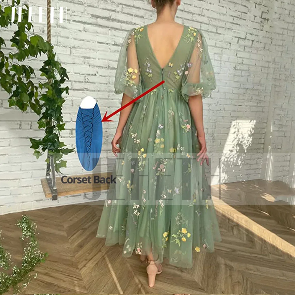 JEHETH Mint Green Prom Dress Lace Up Sexy Deep V-Neck Half Puff Sleeves A Line Flower Embroider Tulle Prom Gown Ankle Length