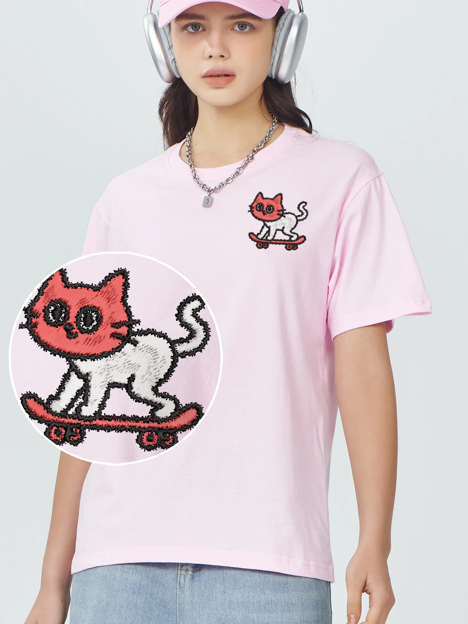 Cute Cat Skateboarding Embroidered Short Sleeve Cotton T Shirts High Quality Fashion Casual Breathable Embroidery Clothes