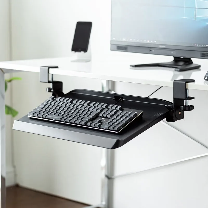 Ergonomic Keyboard & Mouse Tray with Slide-Out Under-Desk Drawer, Clamp-On Adjustable Sturdy Storage Stand for Home Office