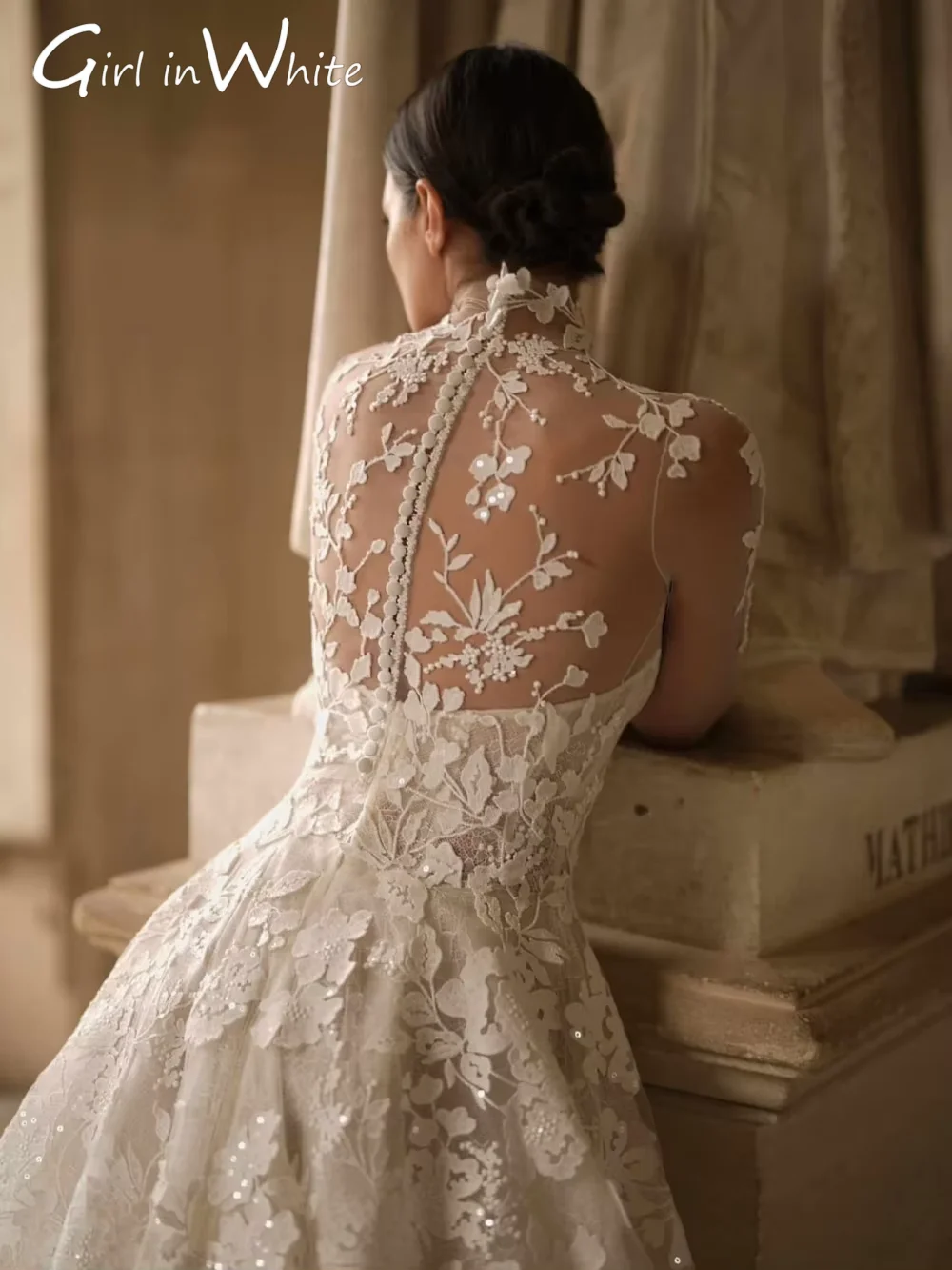 A-line Long Wedding Dress With Detachable Jacket High Neck Lace Appliques Customized Long Sleeves Wedding Dress Bridal Gown 2025