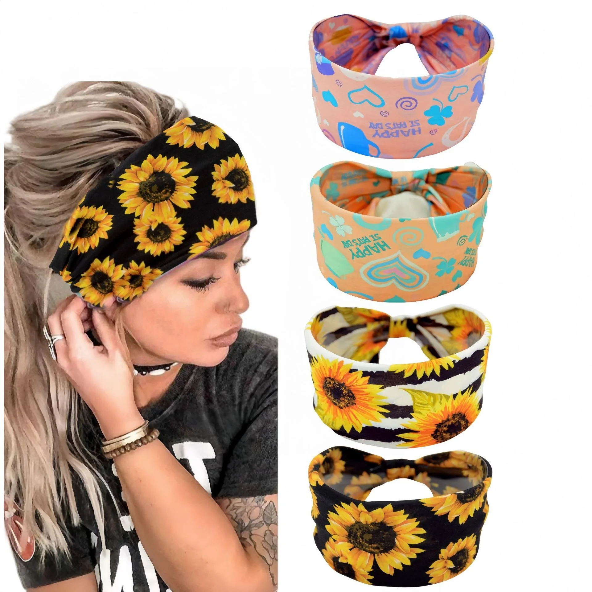 1pc Bohemian style yoga exercise headband for women with wide edge printed solid color headband headwear accessories