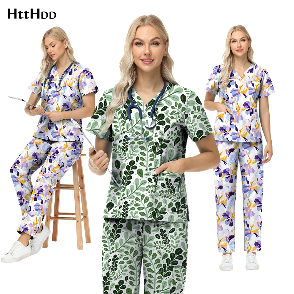 Fashion Print Doctor Uniforms Medical Nursing Scrubs Uniform Clinic Scrub Sets Short Sleeve Tops Pants Sets 100% Cotton Workwear