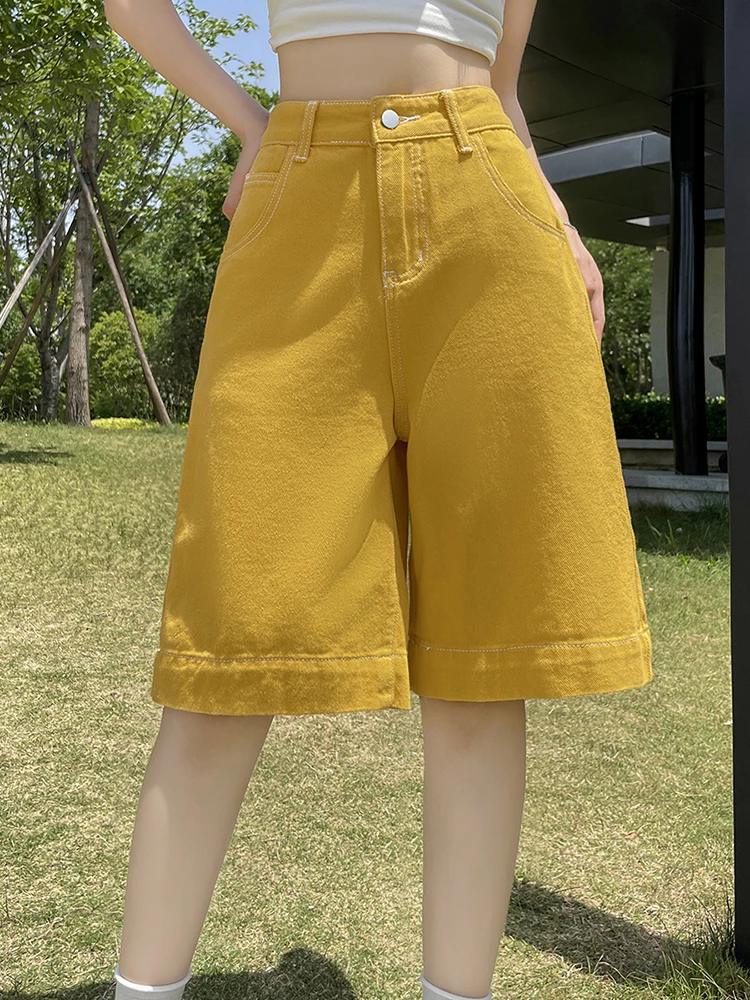 

Casual Loose Vintage Wide Leg Knee Length Jean Shorts For Woman Summer Korean Fashion High Waist Solid Baggy Demin Short Pants