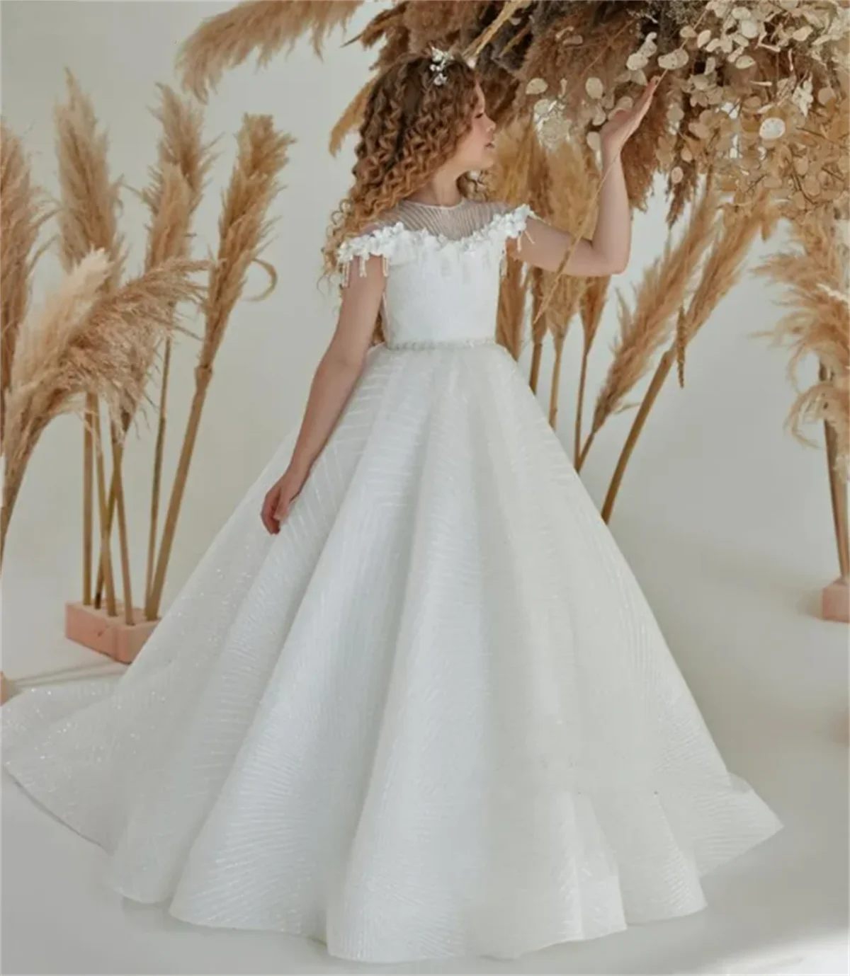 Vestido de flores para niña, vestido blanco esponjoso, encaje brillante, borla, apliques de flores encantadoras, fiesta de graduación