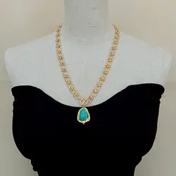 YYGEM  22x28mm Blue Turquoise Pendant  Gold Plated Chain Chokers Necklace Designer Gems Jewelry