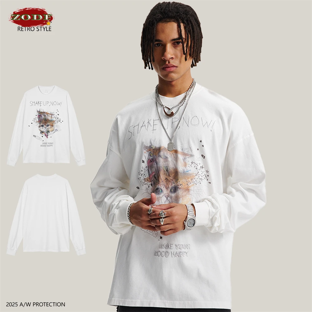 

ZODF New Autumn Men Funny Cat Printing Cotton T-Shirts Unisex Loose Fit Long Sleeve 310gsm T Shirt Brand Tees HY0016