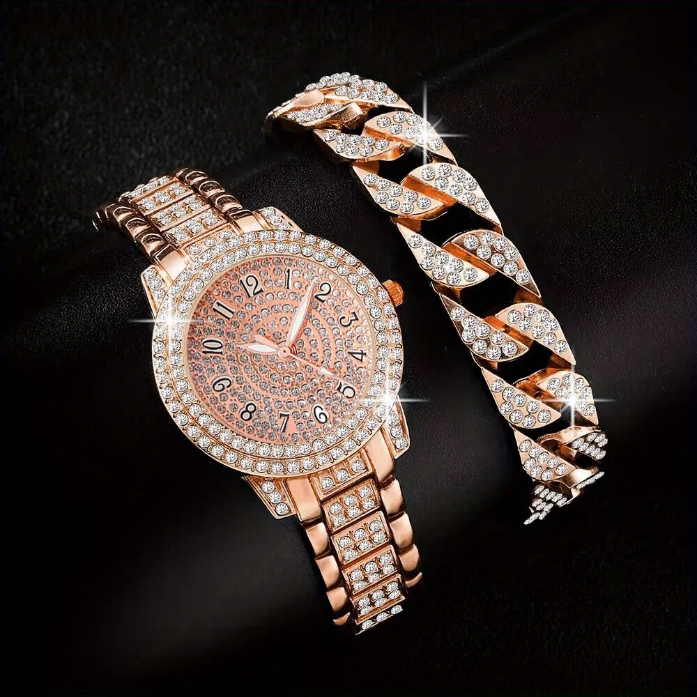 Reloj de cuarzo con diamantes de imitación dorados de lujo para mujer, reloj de pulsera analógico de moda Hiphop, regalo para mamá y ella, 2 piezas por juego