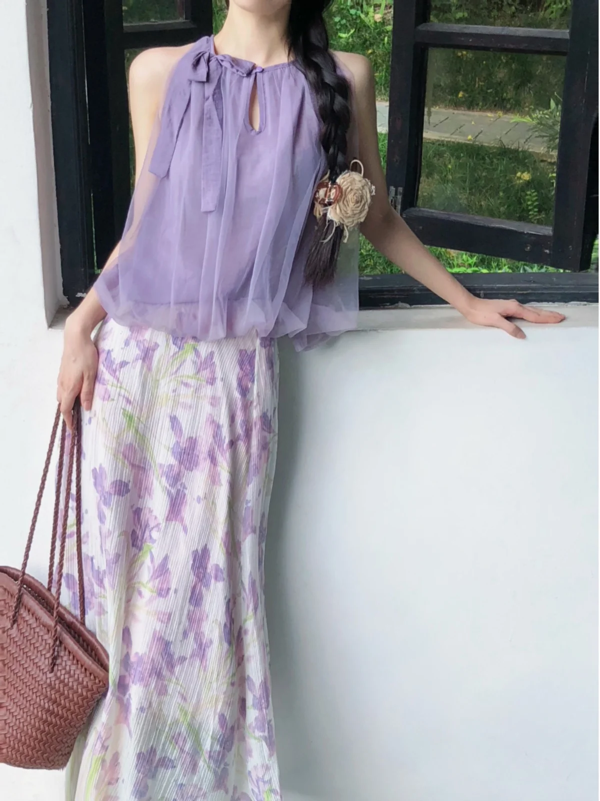 

Mist Color Purple Iris Flower Qipao Dress Elegant Lady Dress Gentle Temperament Chinese Style Clothing Summer Fashion Set