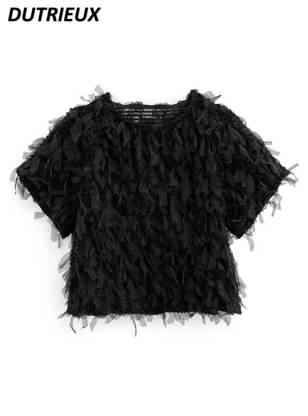 Women's Tops Spring Summer New Fashion Japanese Style Short Sleeve Top Sweet Cute Casual T-shirt Tassel Round Neck Pullover