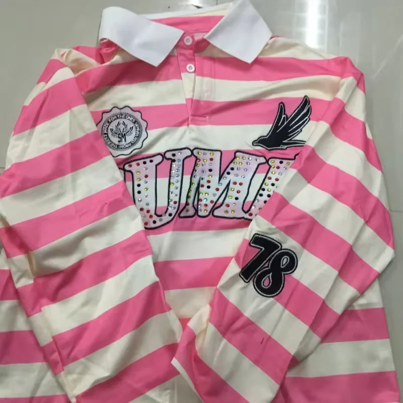 

2025 new men and women lapel stripes red and white long-sleeved T-shirt printed alphanumeric figure iron diamond sweatshirt
