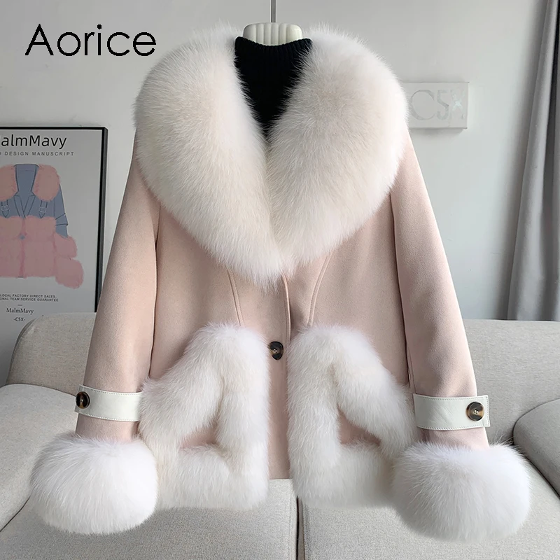 Aorice Women New Big Genuine Fox Fur Collar Jacket With Soft Design Duck Down Liner Winter Coat CT309