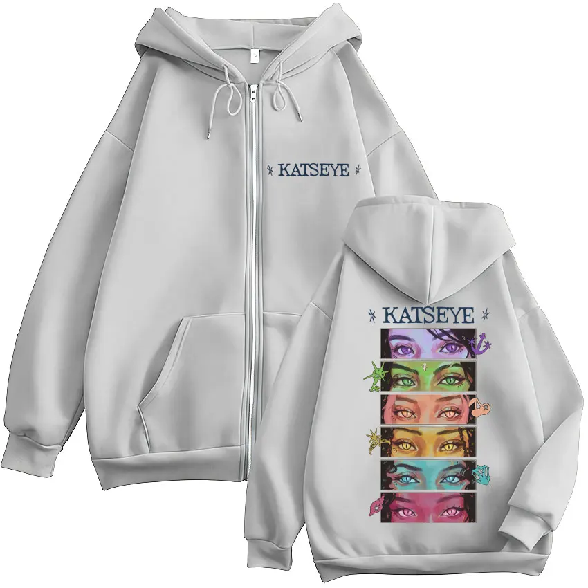 Kpop Katseye Eyes Graphic Zip Up Hoodie Fashion Pop Music Men Women Korean Sweatshirt Fleece Oversized Casual Jackets Fans Gifts