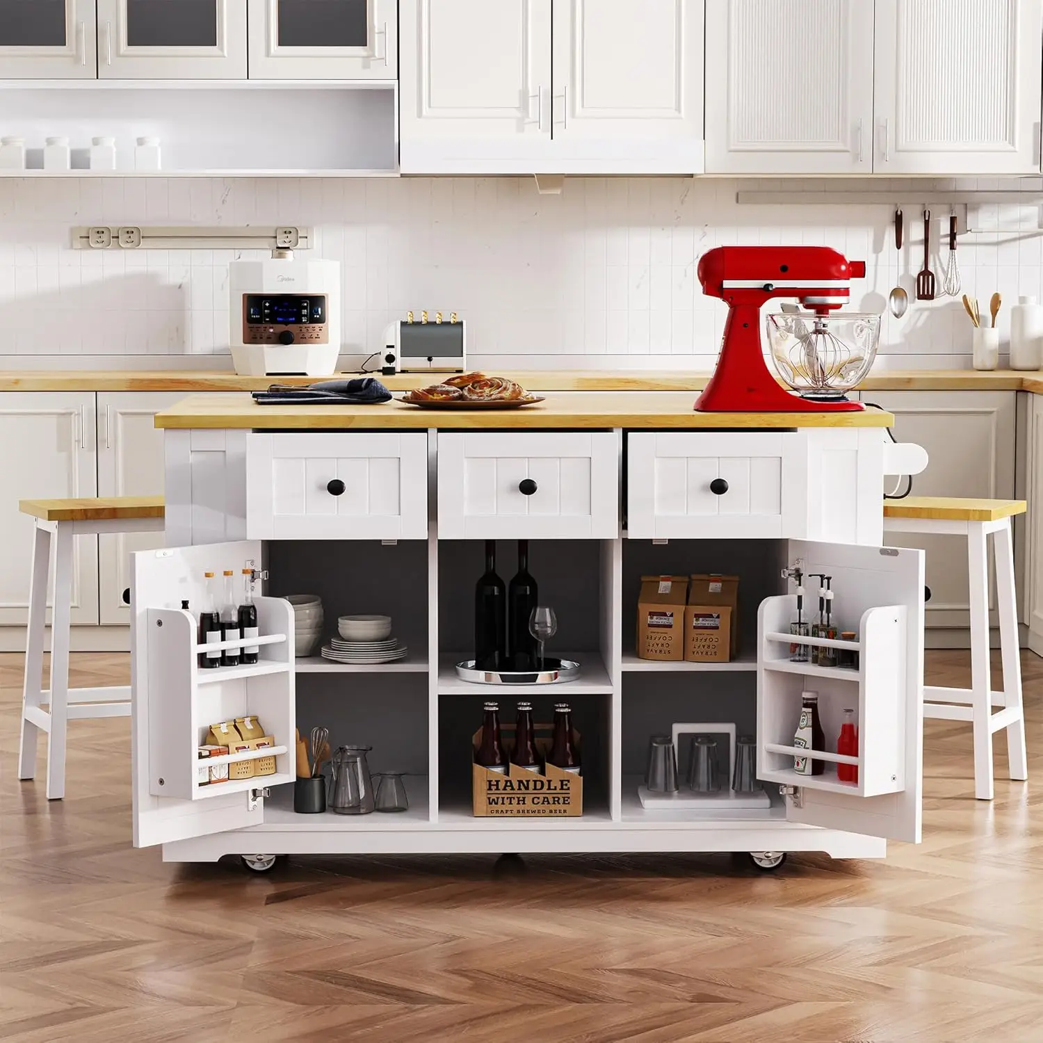 Rolling Kitchen Island with Drop Leaf and Power Outlet - Moveable Kitchen Storage Island  Carts with Racks, Drawers and Shelves