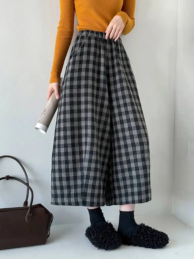 EAM Plaid High Elastic Waist Wide Leg Ankle Length Vintage Pants New Trousers Women Fashion Tide Autumn 2026 30A4051